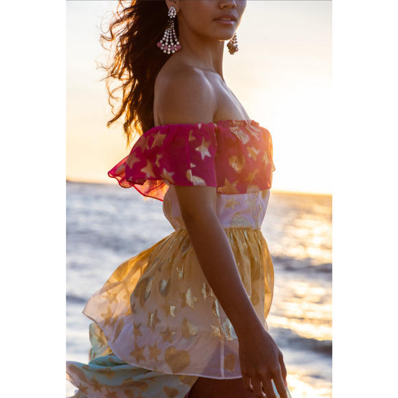 LoveShackFancy Multicolor Metallic Tiered Maxi Dress Pink Gold Stars NWT Size 4 - Picture 2 of 8